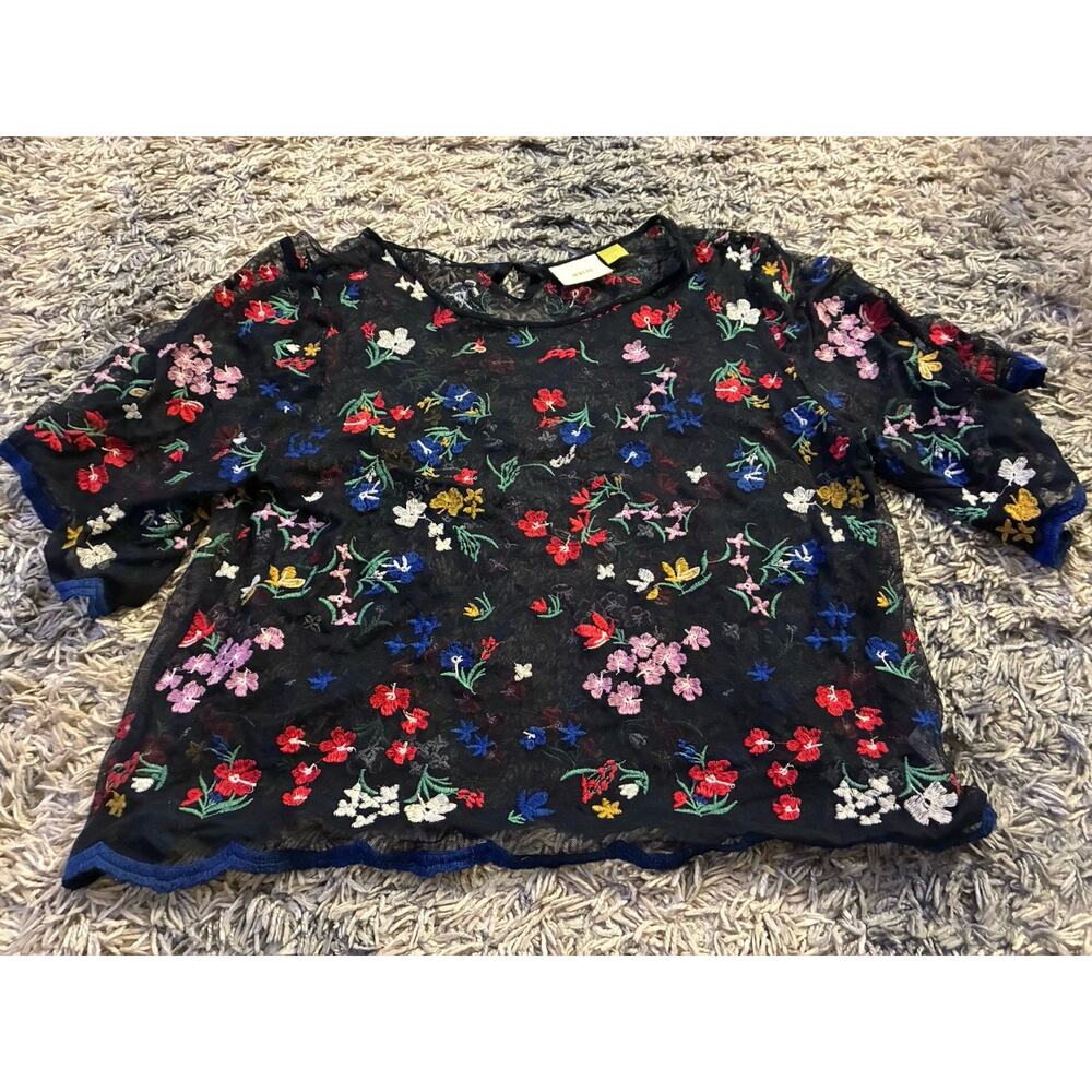 Anthropologie Maeve Meadows Top Black Sheer Colorful Embroidered Flowers SZ L